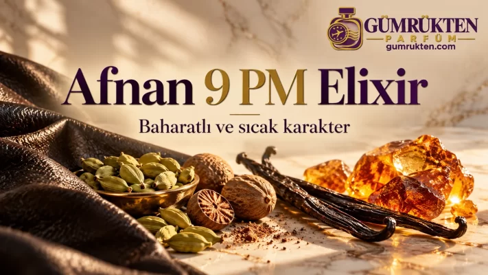 Kakule, muskat, deri dokusu ve vanilyayla Afnan 9 PM Elixir rehberi