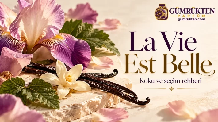 İris çiçekleri, vanilya ve yeşil yapraklarla La Vie Est Belle kapağı